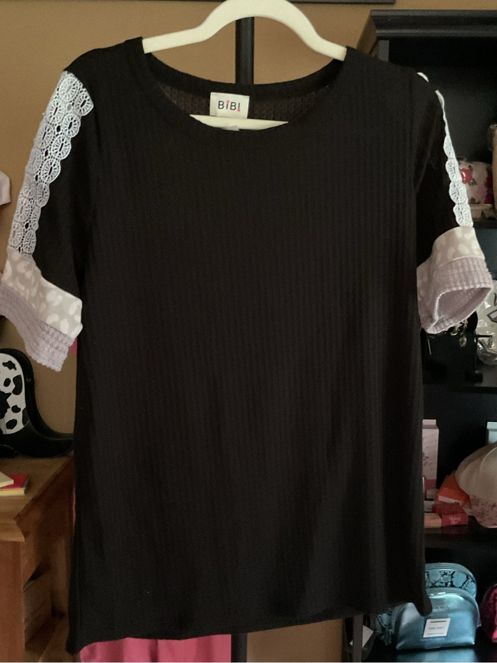 BiBi Black Short Sleeve Top with White Lace-Trim Sleeves